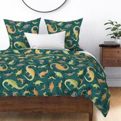 Ditsy Dinos Extra Large Dark Green- Happy Dinosaurs Coordinate- Adventure- Orange- Green- Yellow- Brown- Home Decor- Wallpaper2