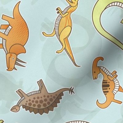 Ditsy Dinos Large Teal- Happy Dinosaurs Coordinate- Adventure- Orange- Green- Yellow- Brown- Teal- Home Decor- Wallpaper