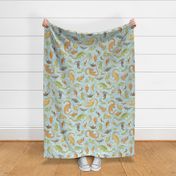Ditsy Dinos Large Teal- Happy Dinosaurs Coordinate- Adventure- Orange- Green- Yellow- Brown- Teal- Home Decor- Wallpaper
