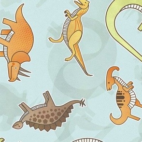 Ditsy Dinos Large Teal- Happy Dinosaurs Coordinate- Adventure- Orange- Green- Yellow- Brown- Teal- Home Decor- Wallpaper