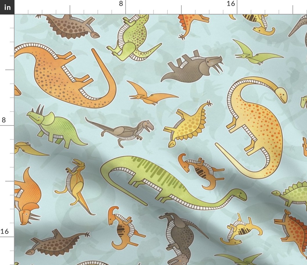 Ditsy Dinos Large Teal- Happy Dinosaurs Coordinate- Adventure- Orange- Green- Yellow- Brown- Teal- Home Decor- Wallpaper