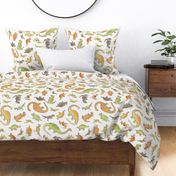 Ditsy Dinos Large- Happy Dinosaurs Coordinate- Adventure- Orange- Green- Yellow- Brown- Off White- Home Decor- Wallpaper