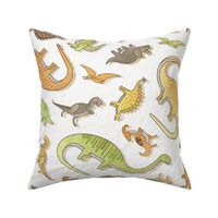 Ditsy Dinos Large- Happy Dinosaurs Coordinate- Adventure- Orange- Green- Yellow- Brown- Off White- Home Decor- Wallpaper