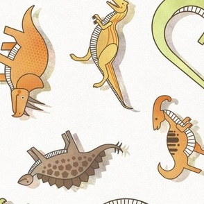 Ditsy Dinos Large- Happy Dinosaurs Coordinate- Adventure- Orange- Green- Yellow- Brown- Off White- Home Decor- Wallpaper