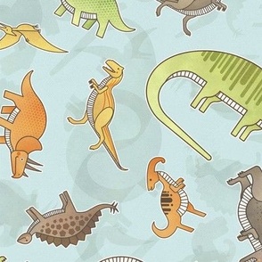 Ditsy Dinos Medium Teal- Happy Dinosaurs Coordinate- Adventure- Orange- Green- Yellow- Brown- Teal- Home Decor- Wallpaper