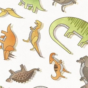 Ditsy Dinos Medium- Happy Dinosaurs Coordinate- Adventure- Orange- Green- Yellow- Brown- Off White- Home Decor- Wallpaper