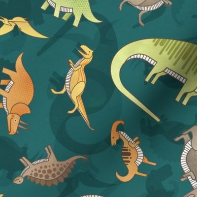 Ditsy Dinos Medium Dark Green- Happy Dinosaurs Coordinate- Adventure- Orange- Green- Yellow- Brown- Home Decor- Wallpaper2