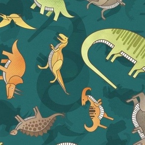 Ditsy Dinos Medium Dark Green- Happy Dinosaurs Coordinate- Adventure- Orange- Green- Yellow- Brown- Home Decor- Wallpaper2