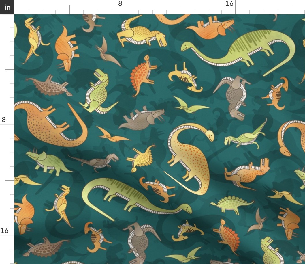 Ditsy Dinos Medium Dark Green- Happy Dinosaurs Coordinate- Adventure- Orange- Green- Yellow- Brown- Home Decor- Wallpaper2