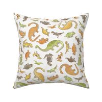 Ditsy Dinos Small- Happy Dinosaurs Coordinate- Adventure- Orange- Green- Yellow- Brown- Off White- Earth Tones- Wallpaper- Dino Nursery Wallpaper- Dinosaur Wallpaper- Paleontology