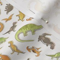 Ditsy Dinos Mini- Happy Dinosaurs Coordinate- Adventure- Orange- Green- Yellow- Brown- Off White- Home Decor- Dino Nursery Wallpaper- Dinosaur Wallpaper- Paleontology