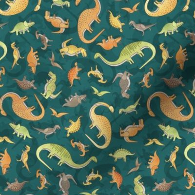 Ditsy Dinos Mini Dark Green- Happy Dinosaurs Coordinate- Adventure- Orange- Green- Yellow- Brown- Dino Nursery Wallpaper- Dinosaur Wallpaper- Paleontology