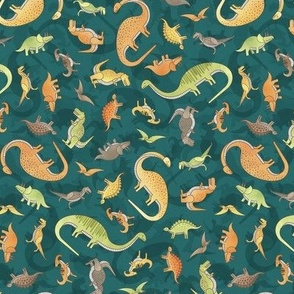 Ditsy Dinos Mini Dark Green- Happy Dinosaurs Coordinate- Adventure- Orange- Green- Yellow- Brown- Dino Nursery Wallpaper- Dinosaur Wallpaper- Paleontology