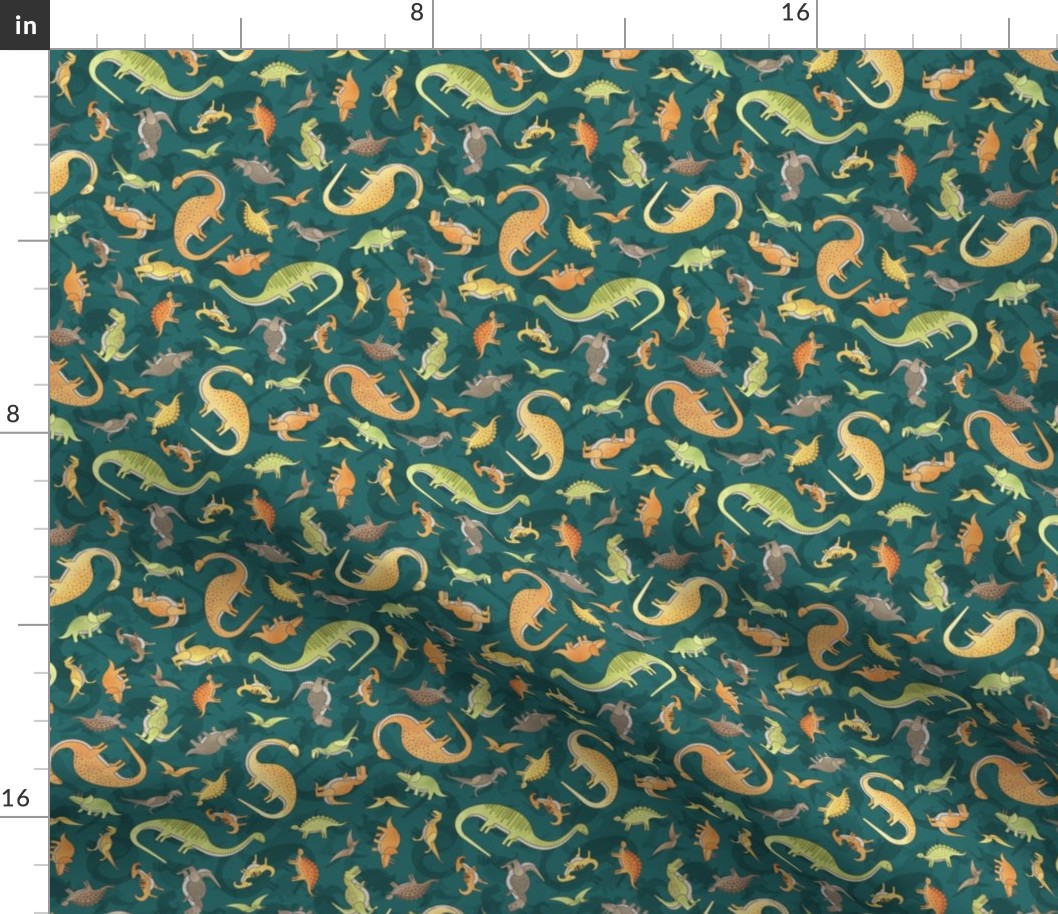 Ditsy Dinos Mini Dark Green- Happy Dinosaurs Coordinate- Adventure- Orange- Green- Yellow- Brown- Dino Nursery Wallpaper- Dinosaur Wallpaper- Paleontology