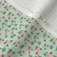 Cars with Christmas Trees - Pink on Mint, Tiny Scale