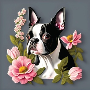 Boston Terrier Dog grey background pink flowers 28 x 22