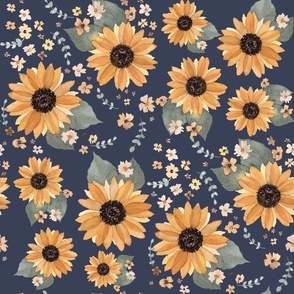 Sunflowers Muted Dark Navy- Medium
