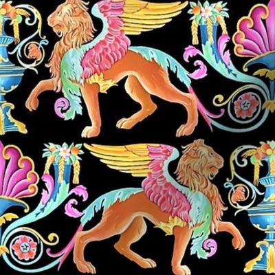 brown winged wings lions flowers floral filigree leaves leaf shell horn of plenty baroque Victorian vases fountain blue green red magenta fuchsia black orange yellow rococo flourish swirls acanthus Greek Greece mythology neoclassical bouquet  oyster clam