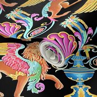 brown winged wings lions flowers floral filigree leaves leaf shell horn of plenty baroque Victorian vases fountain blue green red magenta fuchsia black orange yellow rococo flourish swirls acanthus Greek Greece mythology neoclassical bouquet  oyster clam