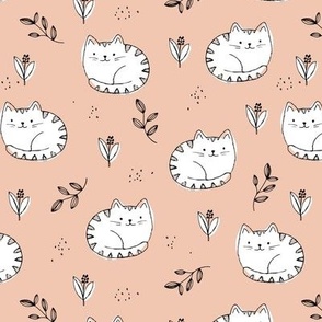 Fuzzy sleepy cats sweet kawaii kittens and leaves for kids white on soft peach