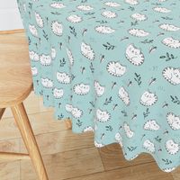 Fuzzy sleepy cats sweet kawaii kittens and leaves for kids white on baby blue