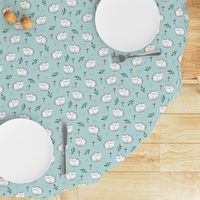 Fuzzy sleepy cats sweet kawaii kittens and leaves for kids white on baby blue