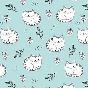 Fuzzy sleepy cats sweet kawaii kittens and leaves for kids white on baby blue