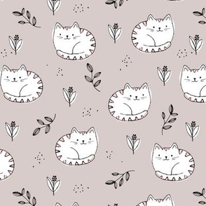 Fuzzy sleepy cats sweet kawaii kittens and leaves for kids white on sand