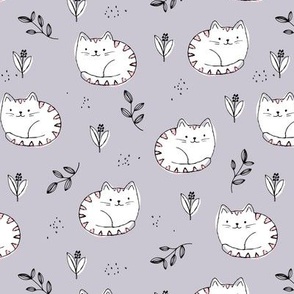 Fuzzy sleepy cats sweet kawaii kittens and leaves for kids white on lilac purple