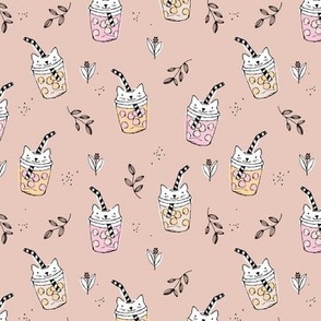 Bubble boba tea kittens sweet kawaii cats on to go coffee cups beige peach pink