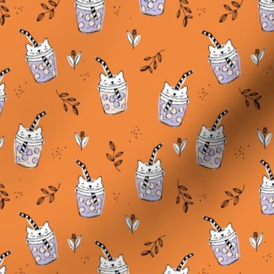 Little cat coffee cups bubble boba halloween tea fall drinks leaves and petals orange lilac
