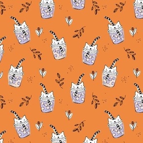 Little cat coffee cups bubble boba halloween tea fall drinks leaves and petals orange lilac