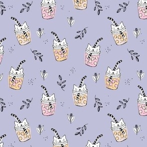 Bubble boba tea kittens sweet kawaii cats on to go coffee cups peach pink on lilac
