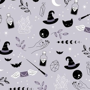 Little boho wizard and witches halloween magic theme moon phase bats crystals and magic wand and poison soft pastel lilac black and white