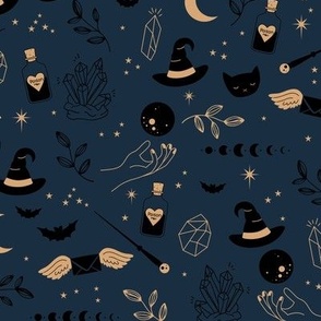 Little boho wizard and witches halloween magic theme moon phase bats crystals and magic wand and poison gold caramel black on navy blue