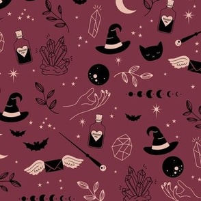 Little boho wizard and witches halloween magic theme moon phase bats crystals and magic wand and poison black blush burgundy red