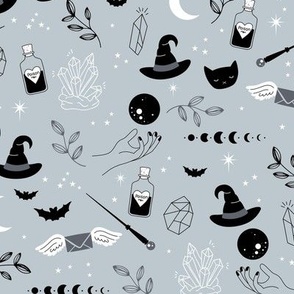 Little boho wizard and witches halloween magic theme moon phase bats crystals and magic wand and poison ice blue black and white