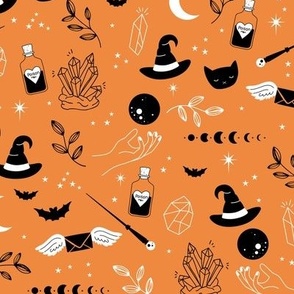 Little boho wizard and witches halloween magic theme moon phase bats crystals and magic wand and poison orange