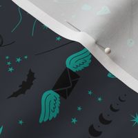 Little boho wizard and witches halloween magic theme moon phase bats crystals and magic wand and poison aqua blue on slate gray