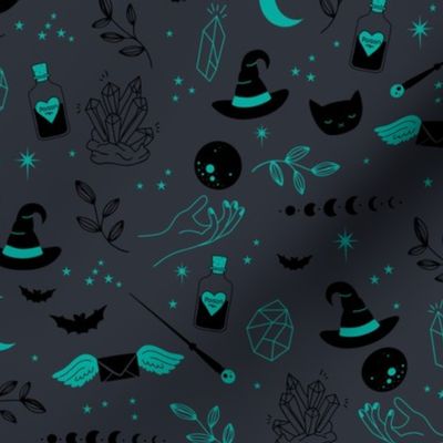 Little boho wizard and witches halloween magic theme moon phase bats crystals and magic wand and poison aqua blue on slate gray