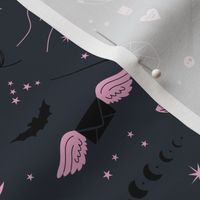 Little boho wizard and witches halloween magic theme moon phase bats crystals and magic wand and poison pink on night gray