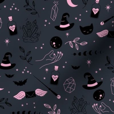 Little boho wizard and witches halloween magic theme moon phase bats crystals and magic wand and poison pink on night gray