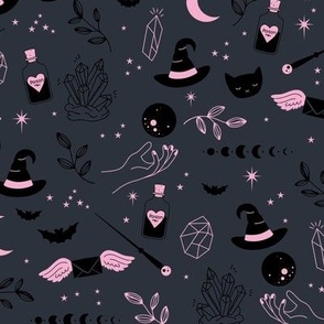 Little boho wizard and witches halloween magic theme moon phase bats crystals and magic wand and poison pink on night gray
