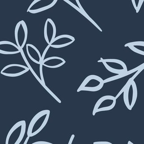Jumbo large scale blue and grey foliage - tossed organic lines, hand drawn leaves and twigs  - jumbo scale for duvet covers, home soft furnishings