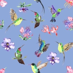 Hummingbird & Flowers - Blue