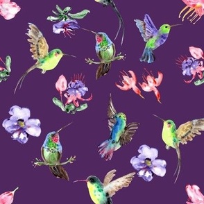 Hummingbird & Flowers - Dark Purple