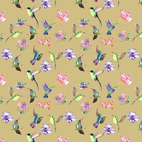 Hummingbird & Flowers - Tan