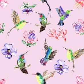 Hummingbird & Flowers - Pink