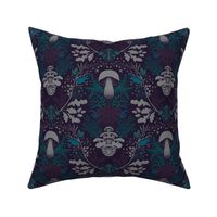 Mushroom forest damask wallpaper purple with turquoise