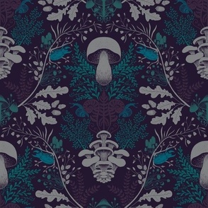Mushroom forest damask wallpaper purple with turquoise